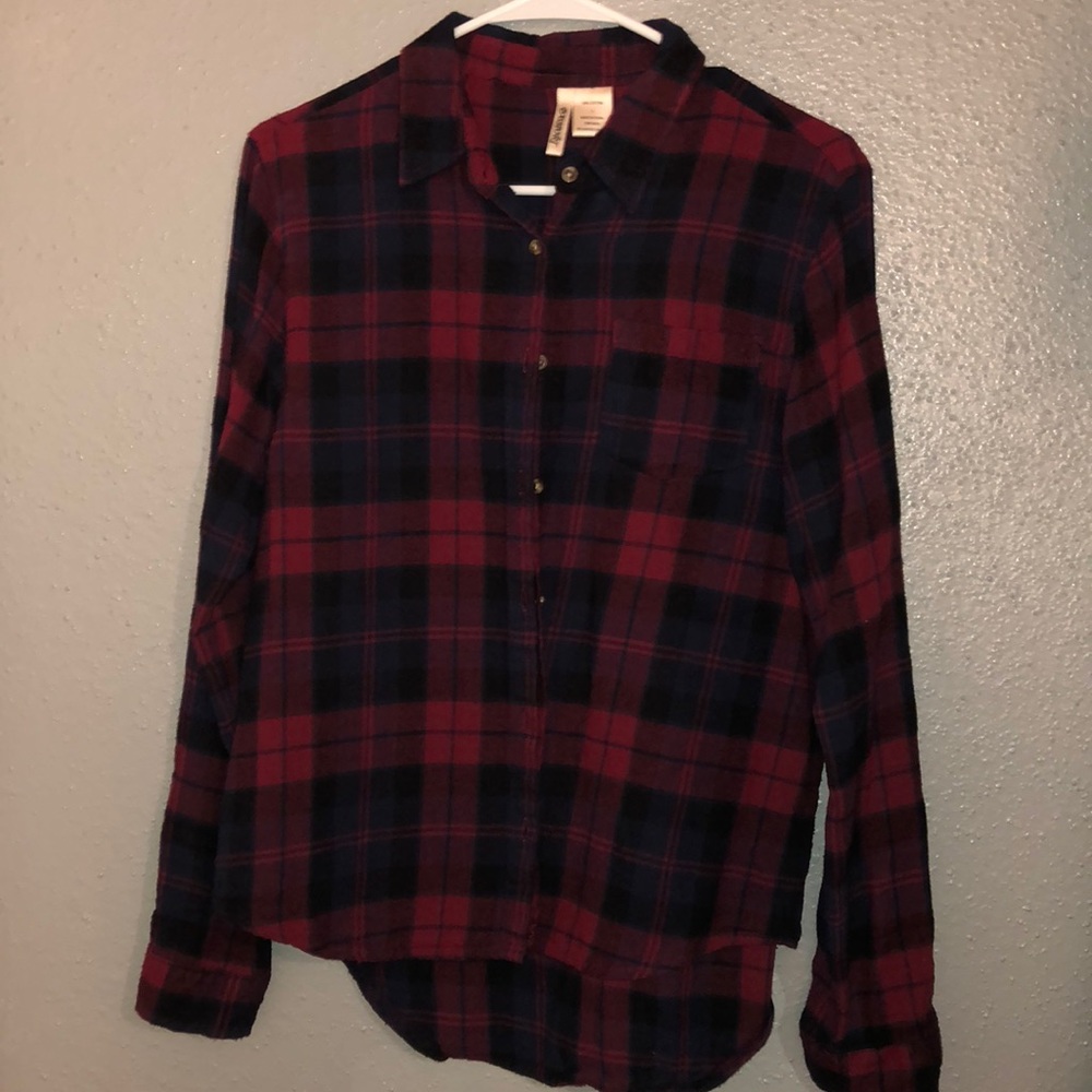 Maroon and dark blue plaid shirt